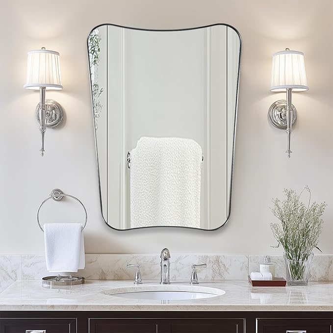 ANDY STAR Brushed Nickel Bathroom Mirror, 22x30 Silver Metal Framed Mirrors for Bathroom, Irregular Wall Mirror in Anti-Rust Stainless Steel Frame, Unique Shape Frame Ideal for Home Remodel