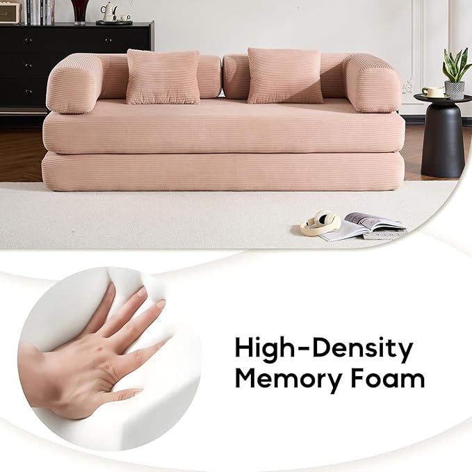 Convertible Folding Couch Bed, Comfy Corduroy Sleeper Floor Sofa Bed with Fixed-Shape Frame, Floor Sofa with Armrest, Lounge Couch for Living Room Bedroom Lounge Studio,Pale Pink