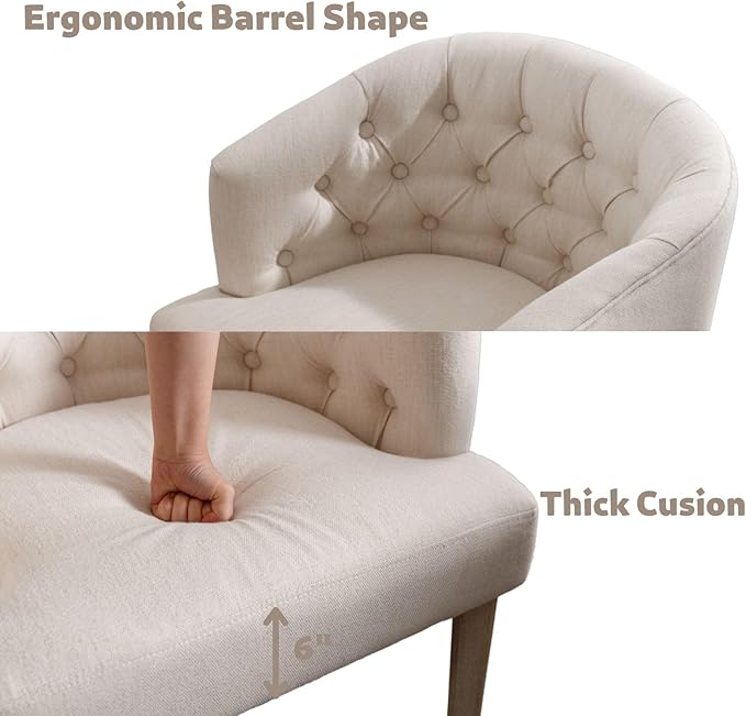 DUOMAY Modern Tufted Dining Chairs Set of 6, Linen Upholstered Side Chair, Comfy Accent Barrel Chair with Wood Legs for Home Kitchen Dining Room Living Room Restaurant, White