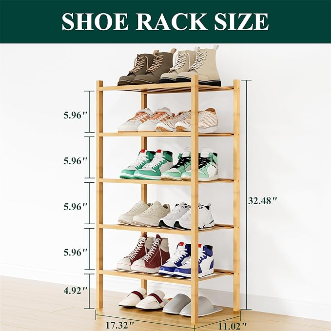 Smiry Shoe Rack, 5 Tier Small Bamboo Shoe Organizer, Stackable Free Standing Wooden Shoe Storage Shelf for Closet, Entryway, Front Door Entrance, Natural