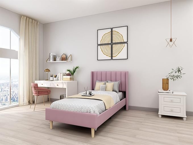 Low Profile Upholstered Platform Bed,Twin Beds with Pink(Velvet)