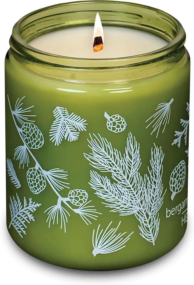 Hemlock Park Green Glass Wood Wick Candle Handcrafted with Natural Coconut Wax (Standard 8 oz, Bergamot Cedar)