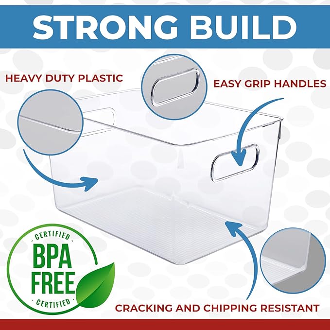 Clear Plastic Storage Bins, Pantry Organizers and Storage Containers Fridge Organizer Bins Kitchen Cabinet Organizer for Organizing Home, Bathroom, Freezer, Refrigerator. (10 x 7.3 x 5)