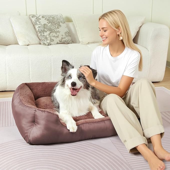 XL Dog Bed, Rectangle Soft Calming Pet Bed Large Washable Dog Couch, Warm Comfortable, Non-Slip Bottom, Brown