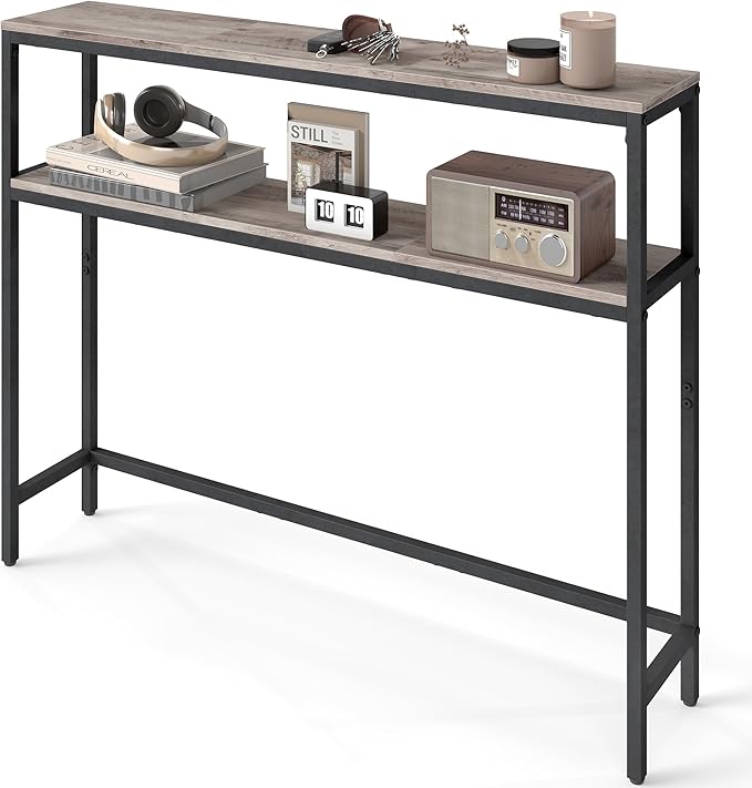 VASAGLE Console Table, 2-Tier Narrow Sofa Table with 2 Shelves, 7.9 x 39.4 x 31.5 Inches, for Living Room, Hallway, Entryway, Heather Greige and Ink Black ULNT131K02V1
