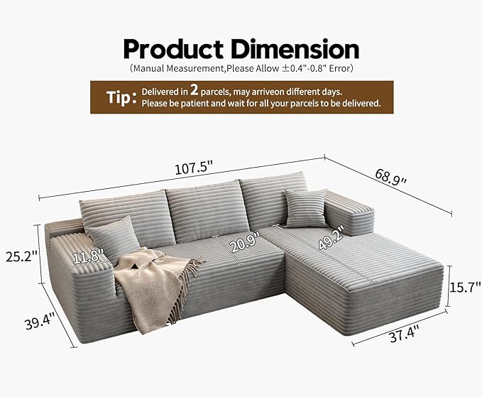 107.5" Cloud Modular Sectional Sofa Couch with L-Shape Chaise,Modern Minimalist Upholstered Couches for Living Room Bedroom,Deep Seat Corner Couch，No Assembly Required (Grey,Right Facing Chaise)