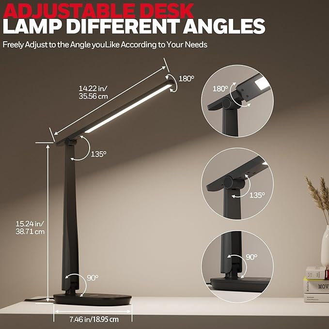 Honeywell LED Desk Lamp for Home Office, Eye-Caring Light with 4 Color Modes & Touch Control, USB A+C Charging Ports, Adjustable Rotating Head with Timer for Reading, Bedroom & Small Desks