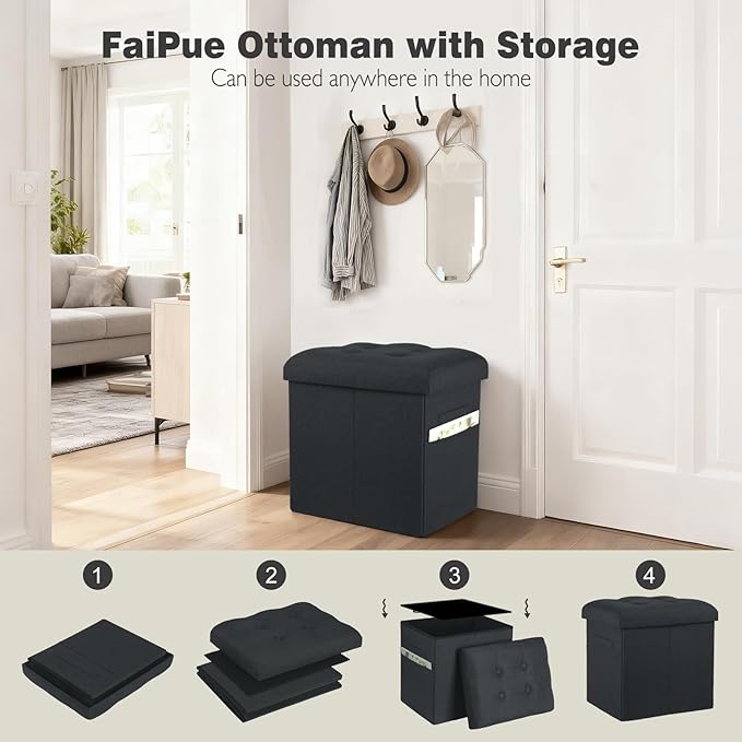 Storage Ottoman Foot Rest with Thicker Foam Padded Seat. 61L Slim Tall Small Bench with Storage. Linen Folding Footstool Bench for Living Room, Bedroom. 350lbs Load Capacity, 17x13x17in, Gray Black