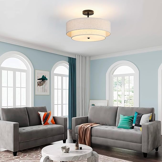 18" Semi Flush Mount Ceiling Light with Fabric Lampshade Modern Drum Ceiling Lamp Black Ceiling Light Fixture for Dining Room Kitchen Bedroom Living Room