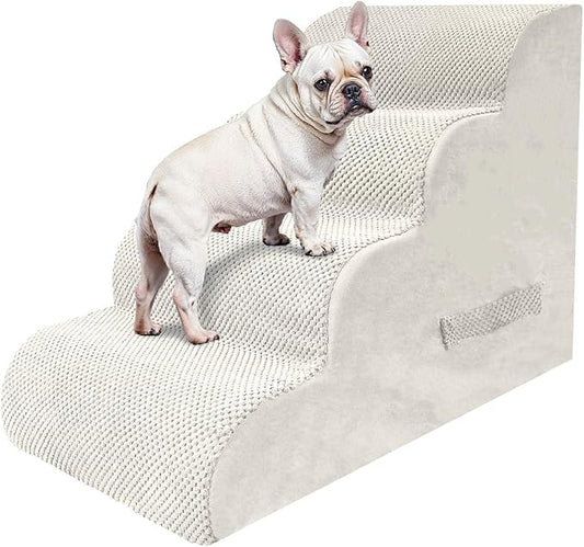 PAWSCART Dog Stairs for Small Dogs and Cats, 4-Step Dog Steps for Bed, 19.6" H Pet Stairs for High Bed, Pet Ramp for Couch, Sofa, Non-Slip Surface Removable Washable Cover, Beige