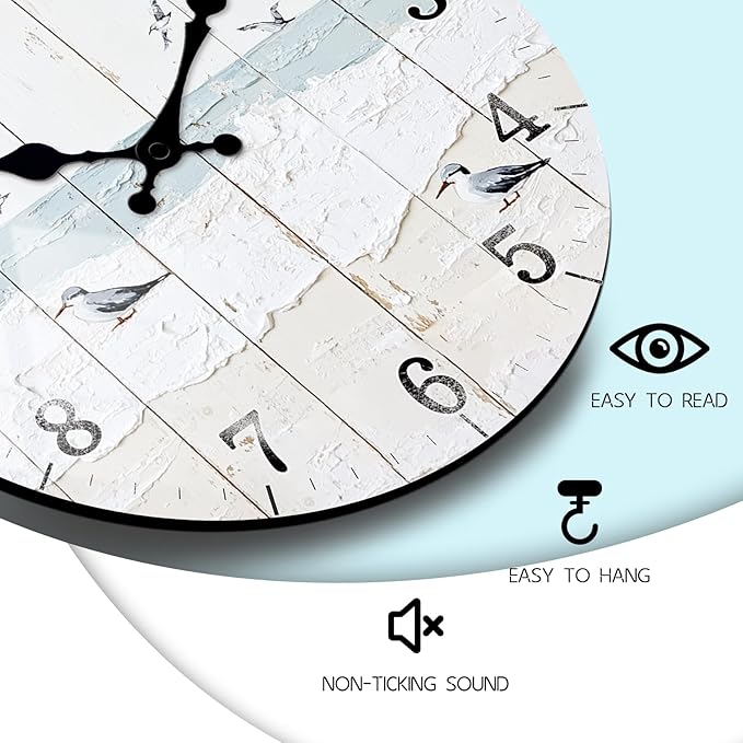 Oversized Quiet Wall Clock for Office Decor 24 Inch Rustic Circular Wooden Clocks Blue Coast Wall-Clock for Farmhouse Living Room Vintage Decor Battery Powered