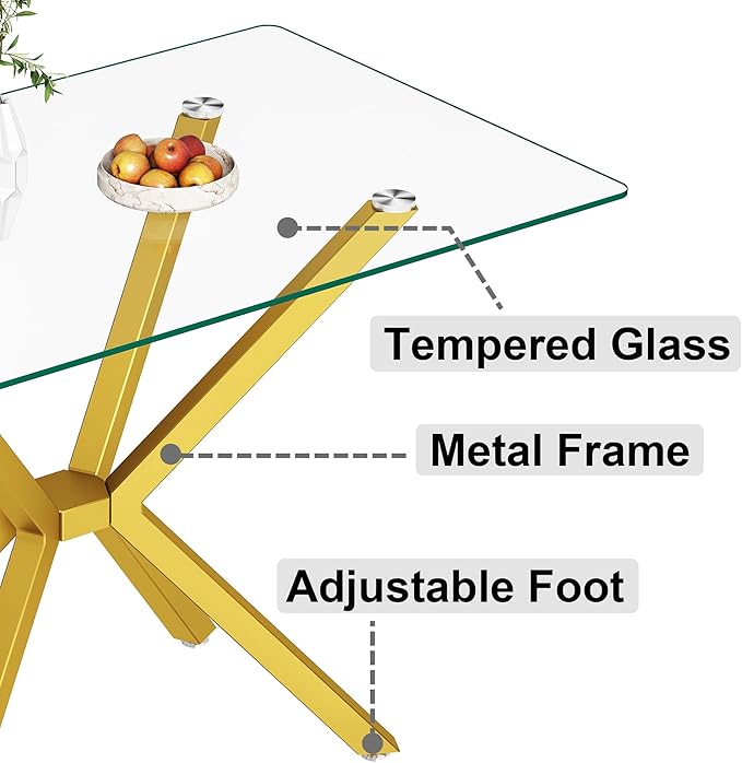 47.24" Rectangular Glass Dining Table Modern Kitchen Glass Top Table for 4 with Gold Metal Legs, Clear Dining Table Kitchen Table for Home Office Dining Room