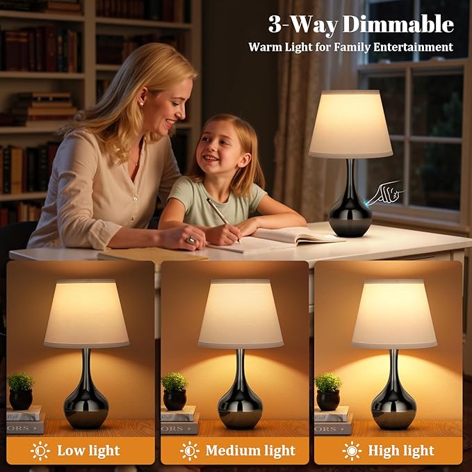 Seealle Touch Touch Table Lamps for Nightstand, 3-Way Dimmable Small Bedroom Lamps for Night Stands, Pearl-Black Bedside Lamps for Living Room, Kids Room, End Table(LED Bulb Included)