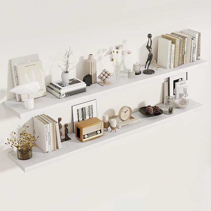 72 Inch Floating Shelves 2 Pack, 8 Inch Deep Floating Shelf Wall Mounted, Large Shelves with Invisible Bracket for Books|Storage, Rustic Wood Wall Shelf for Bedroom, Kitchen, Living Room, White