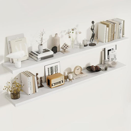 72 Inch Floating Shelves 2 Pack, 8 Inch Deep Floating Shelf Wall Mounted, Large Shelves with Invisible Bracket for Books|Storage, Rustic Wood Wall Shelf for Bedroom, Kitchen, Living Room, White