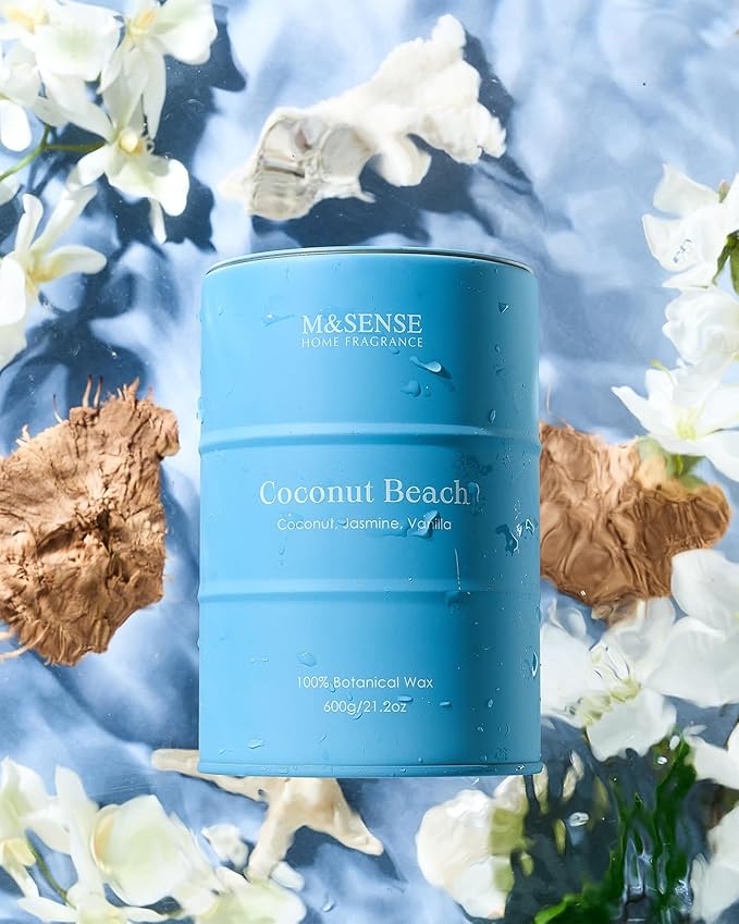 M&SENSE Coconut Beach Scented Candles Large Summer Candle, Natural Soy Candles 21.2oz Beach Candle,Aromatherapy Candle for Stress Relief Meditation Relaxing