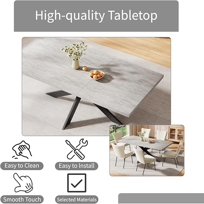 ZckyCine 6-Piece Extendable Dining Table Set, Modern 63''–79'' Grey Wood Table with 6 Grey Fabric Chairs, Dining Room Table and Chairs for 6, Ideal for Kitchen or Dining Room