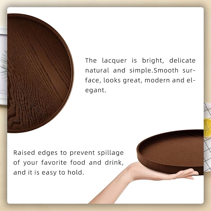 Round Solid Wood Serving Tray 30CM Brown,Decorative Wooden Serving Plate for Tea Coffee Snack Food Meals,Ottoman Breakfast Tray with Raised Edge,for Home,Kitchen,Bathroom,Party,Restaurant Decor(11.8")