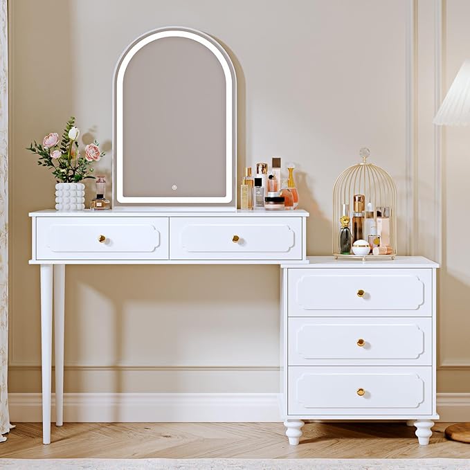 White,Vanity Desk with Mirror and Lights,Makeup Vanity with Power Outlet and Adjustable Cabinet,Modern Makeup Table with 3 Drawers for Bedroom Makeup Room