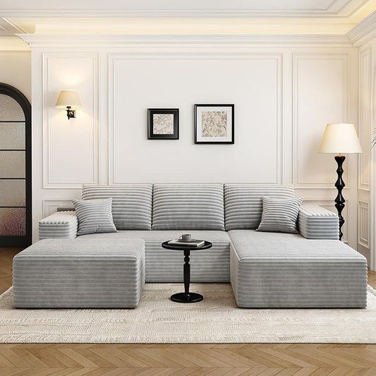 107.5" Cloud Modular Sectional Couch with 1 Ottoman,Modern Minimalist Upholstered Couches, Comfort U Shaped Sofa for Living Room,Deep Seat Corner Couch，No Assembly Required (Grey,Right Facing Chaise)