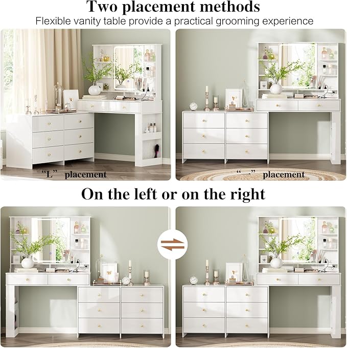 Makeup Vanity Desk with Mirror and Lights, Vanity Desk with 8 Drawers & Storage Shelves, Vanity Table with Power Outlet, 3 Color Modes & Adjustable Brightness Dressing Table, Bedroom,White
