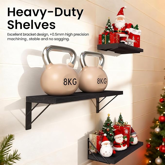 BAYKA Wall Mounted Floating Shelves, Wood Floating Wall Shelf for Books & Decor, Small Space-Saving Display & Organizer（Black，Set of 3）