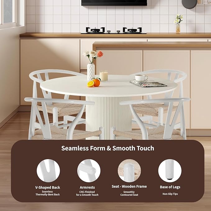 Tomile Wishbone Chair Y Chair, Wooden Dining Chairs, Mid Century Modern Chairs with Arms, Solid Wood Weave Seat Kitchen & Dining Room Chairs (Ash Wood - White)