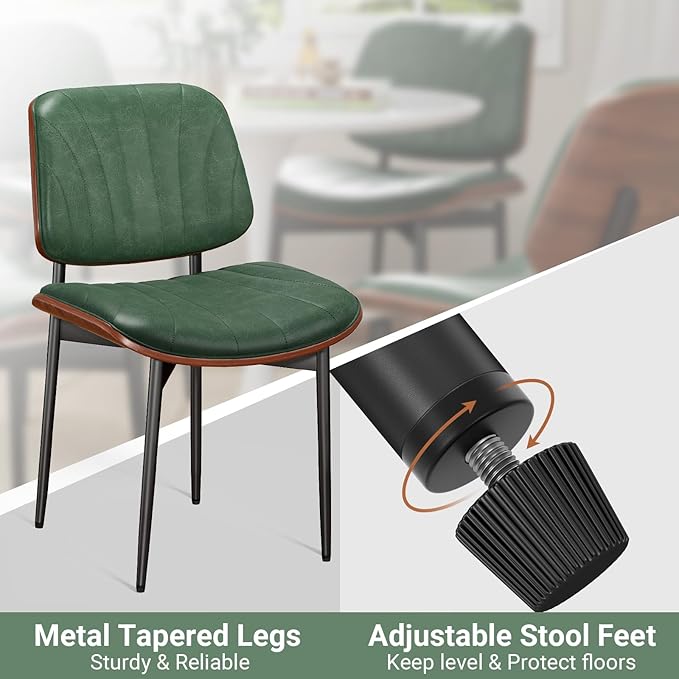 Dining Chairs Set of 6, Mid-Century Modern Upholstered PU Leather Chairs with Walnut Bentwood Back and Metal Legs Adjustable Feet for Kitchen Dining Room, Dark Green Shell Strips