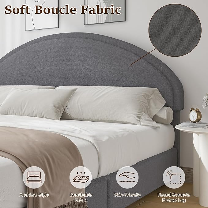King Size Bed Frame, Upholstered Platform Bed with Headboard, Boucle Bed Frame with Round Conner, No Box Spring Required, Easy Assembly, Grey