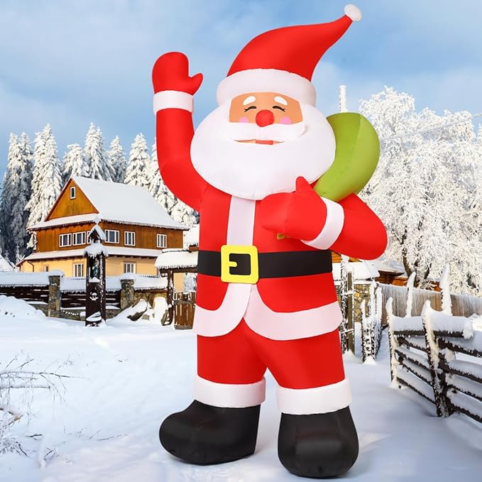 COMIN 9 FT Animated Christmas Decorations Santa Inflatables, Outdoor Christmas Santa Claus Carry Gift Bag&Shaking Hand Blow Up Yard Built-in LEDs for Indoor Xmas Party Garden Lawn Decor