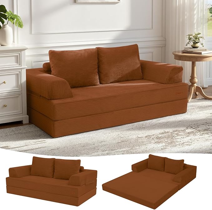 COMAX Convertible Sofa Bed, Folding Floor Couch Corduroy Fold Out Couch Bed Futon Sleeper Mattress with Pillows, Boneless Sofa Comfy Lounge Loveseat for Living Room Bedroom, Orange
