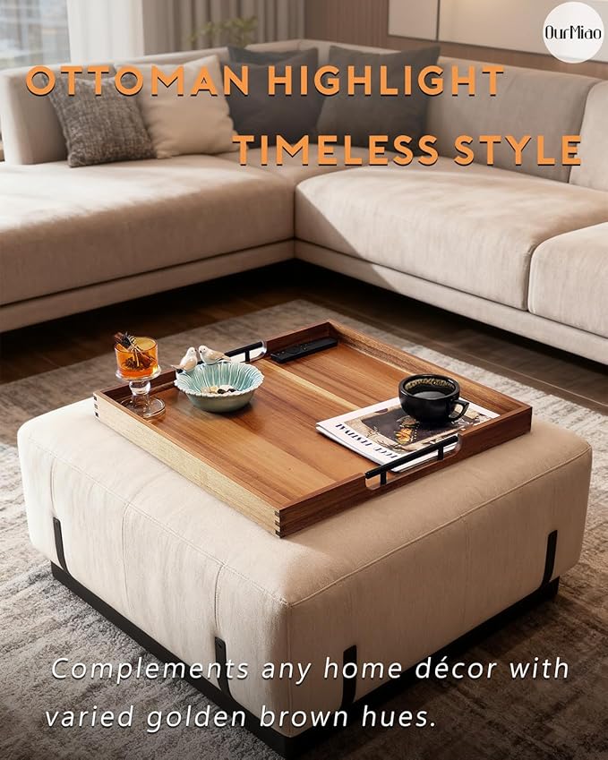 22 Inch Square Acacia Wood Ottoman Tray, Extra Large Wooden Serving Tray with Metal Handles – Spacious & Durable for Living Room, Coffee Table, Kitchen, Food Serving & Hosting