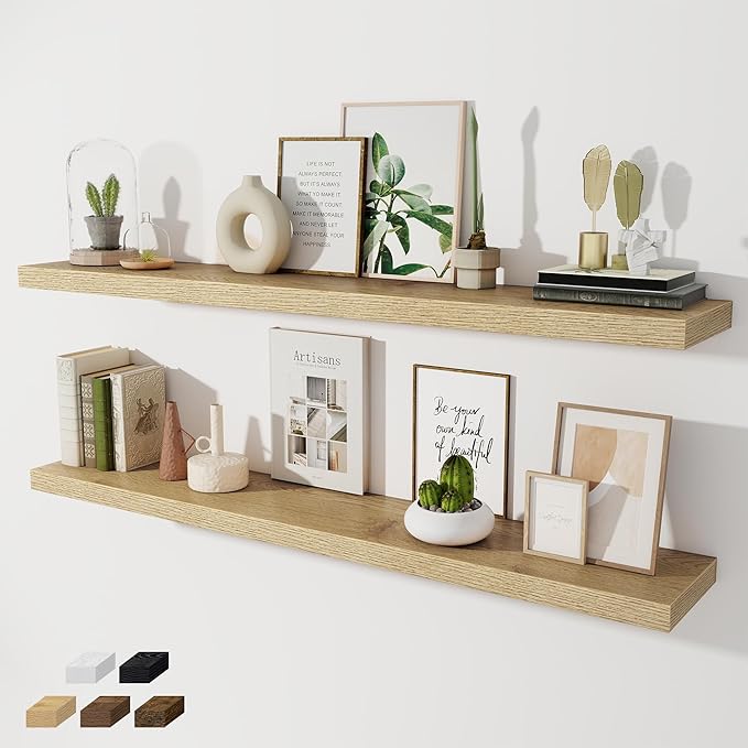 Fun Memories 55 Inch Long Floating Shelves for Wall, 8" Deep Floating Shelves for Bathroom Living Room Bedroom, Rustic Wall Mounted Shelf with Invisible Heavy-Duty Bracket, Set of 2, Oak
