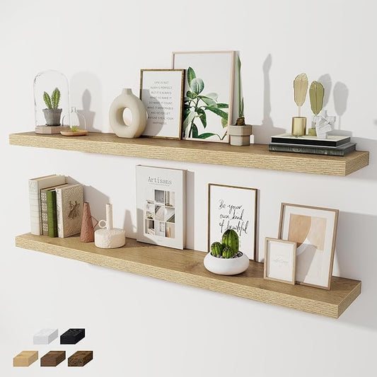 Fun Memories 55 Inch Long Floating Shelves for Wall, 8" Deep Floating Shelves for Bathroom Living Room Bedroom, Rustic Wall Mounted Shelf with Invisible Heavy-Duty Bracket, Set of 2, Oak