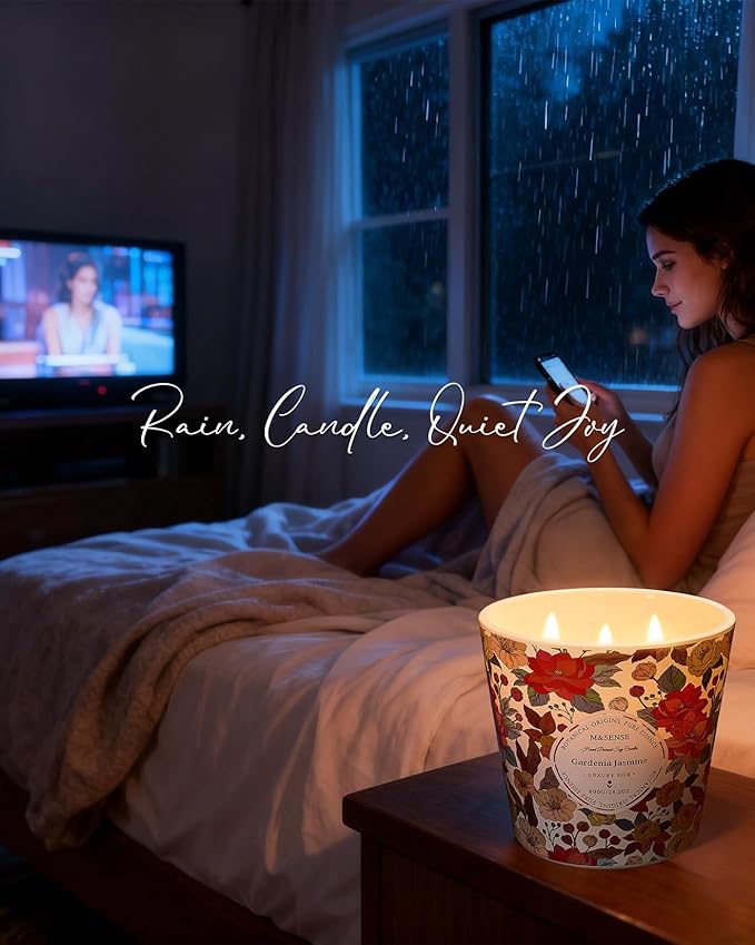 M&SENSE Gardenia Jasmine Scented Candle, 28.2oz 3 Wick Natural Soy Wax Large Candles, Long Lasting Clean Slow Clean Burning No Toxic Décor for Home Relaxation, Romantic Dates & Gift-Giving