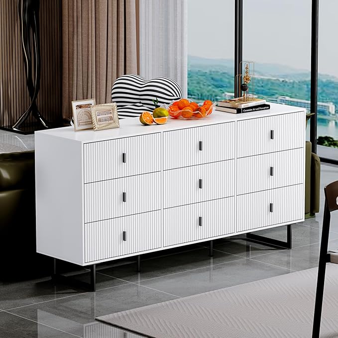 Modern Chest of Drawers with 9 Drawers,Deep Drawers,Clothes Organizer,Large Storage Cabinet for Living Room, Bedroom,Hallway,with Anti-Tipping Device, White