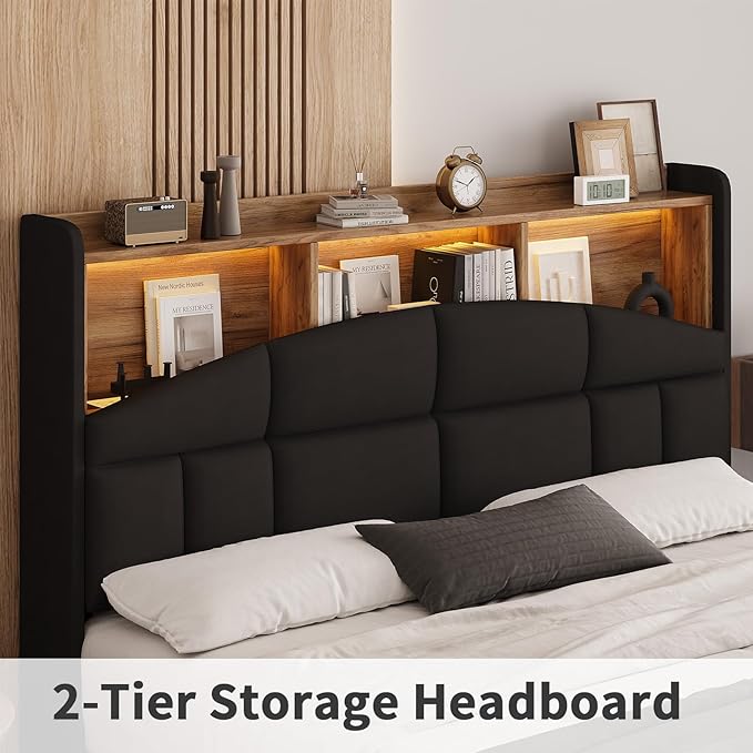 Full Size Bed Frame with Headboard, Velvet Upholstered Bed Frame with LED Lights, Full Size Platform Bed with Wooden Slats Support, No Box Spring Needed, No Noise, Black