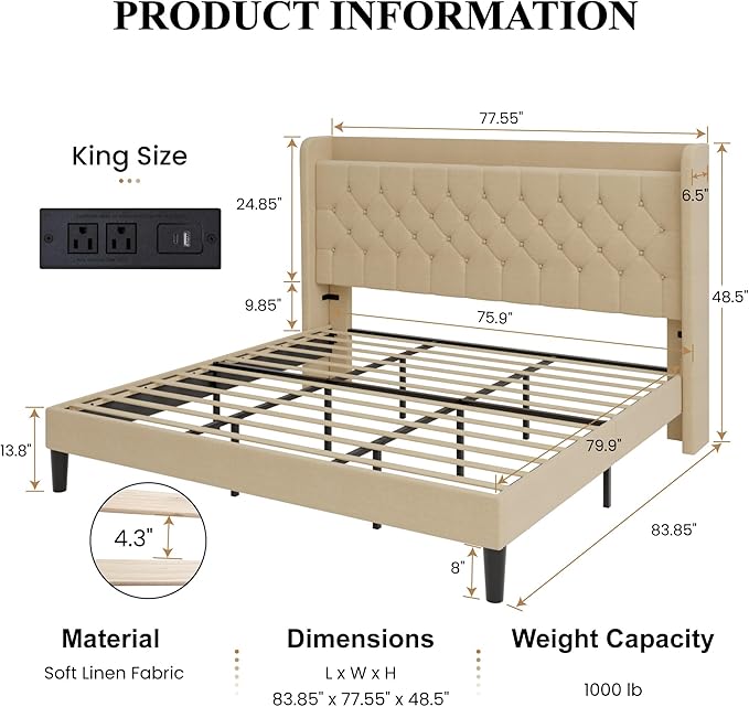 SHA CERLIN King Size Platform Bed Frame with Charging Station, Velvet Wingback Headboard with Storage Shelf, Wooden Slats Support, Ample Under-Bed Space, No Box Spring Needed, Easy Assembly, Beige