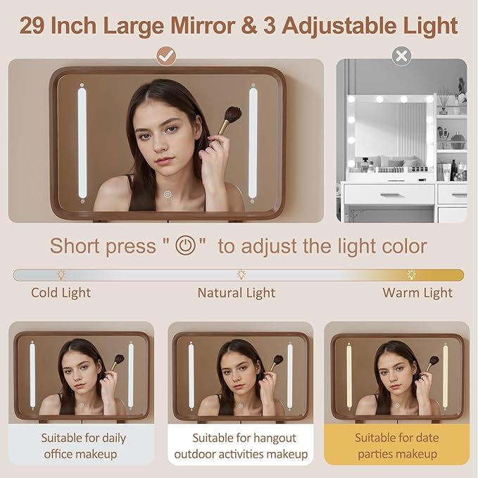 Solid Wood Vanity Desk with Mirror and Lights,Adjustable Height and Brightness, Makeup Vanity with 3 Drawers,Semi-Assembled,Dressing Table for Bedroom (Walnut)