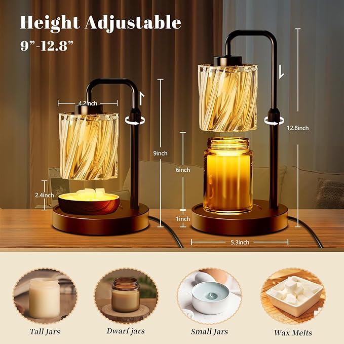 WarmEmbrace Candle Warmer Lamp with Adjustable Height& & Timer Dimmable Light, Gifts for Mom Women, House Warming Gifts New Home Bedroom Decor, Wax Melt Warmer for Jar Candles with 2 Bulbs/Black