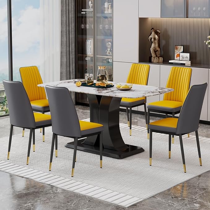 Modern Dining Table Set for 6, Marble Kitchen Table Chair Set for 6, Rectangular Kitchen Table with 6 Pu Leather Upholstered Chair for Dining Room