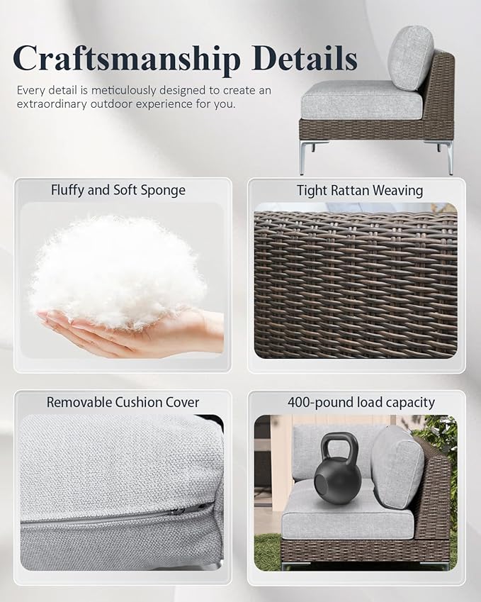 LayinSun 8-Piece Outdoor Modular Wicker Sectional Sofa with Fire Pit Table, Patio Furniture Conversation Set with Deep Seating and Thick Cushions