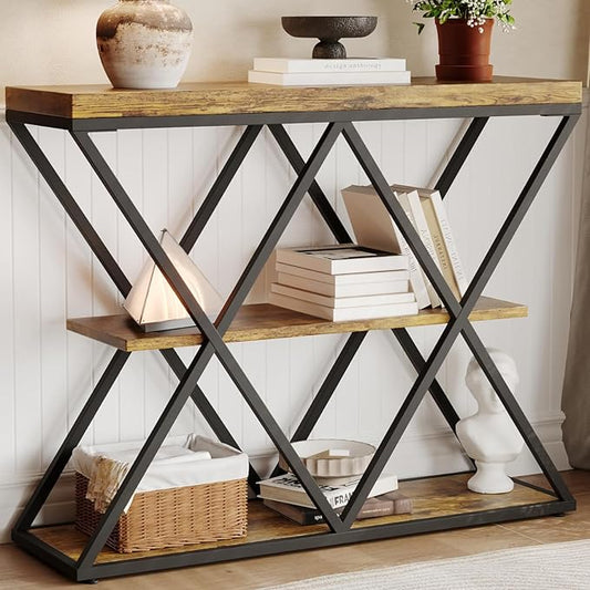 Garvee 3-Tier Entryway Table, Industrial Console Sofa Table with Storage, Accent Table with Open Shelves, X-Shaped Metal Frame, Foyer Table for Entryway, Hallway, Rustic Brown