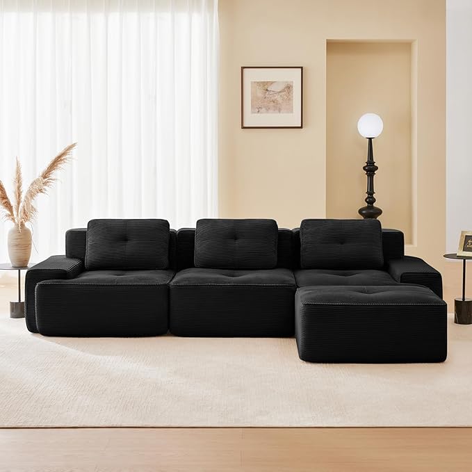 115" Modern Compressed Boneless Couch with Ottoman, 3 Seater Large L Shaped Sectional Couches for Living Room, Black Corduroy Cloud Modular Sectional Sofa, Memory Foam, Extra Deep, No Assembly