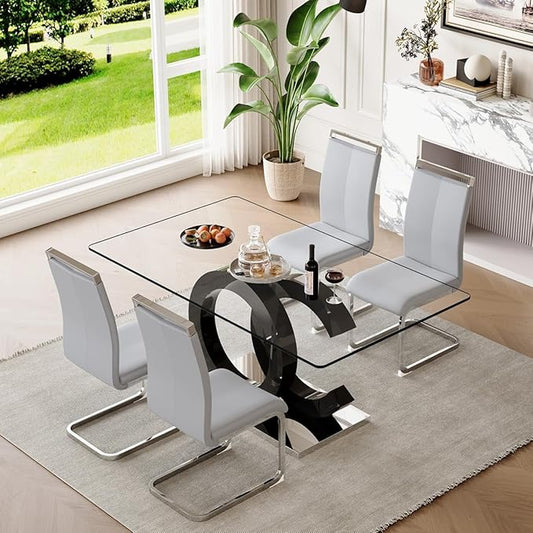 63'' Glass Dining Table Set for 4, Kitchen Table Chairs Set of 4, Clear Glass Dining Table with Black unique design Leg and Silver Metal Base, 4 PU Dining Chairs with Metal Legs, Living Room, Kitchen.