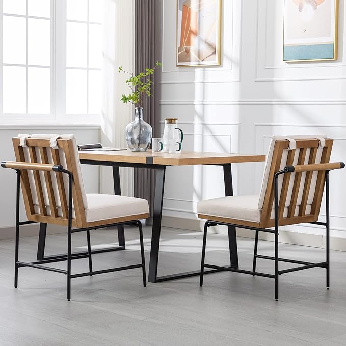 DUOMAY Mid-Century Modern Dining Chairs Set of 2, Linen Upholstered Side Chair with Rear Handle, Armless Chair with Metal Legs for Kitchen Dining Room Living Room Vanity, White