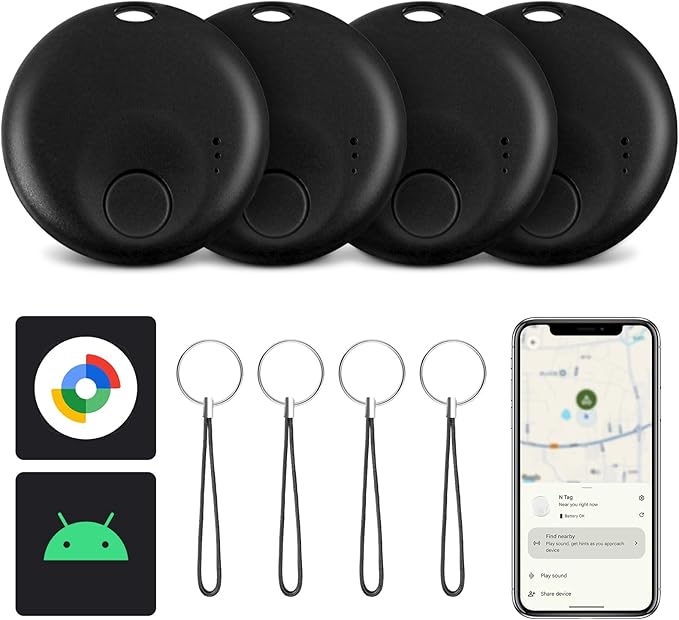 4 Pack Android Tracker Tags, Google Bluetooth Tracker, Smart Tag Tracking Device, Item Finder for Keys, Wallet, Luggage, Pets, Replaceable Battery