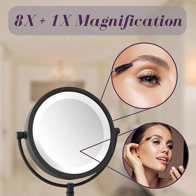 JERDON Lighted Makeup Mirror with Magnification - 1X and 8X Magnification - Black Makeup Mirror - Model HL8808BKL