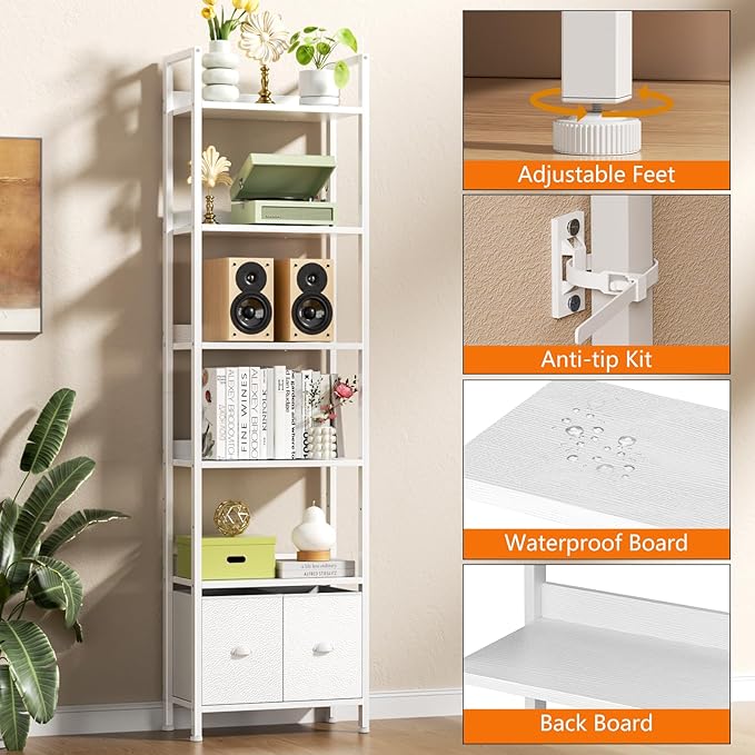 Furologee White 6 Tier Bookshelf with Drawers, Tall 71" Bookcase with Shelves, Modern Wood and Metal Bookshelves Storage Organizer, Display Free Standing Shelf Unit for Bedroom, Living Room, Office
