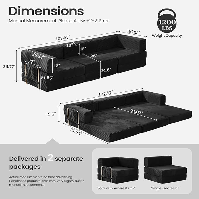 Folding Sofa Bed Convertable Corduroy Couch King Size Floor Sleeper 4-in-1 DIY Combination Modular Sofa Fold Out Futon Lounge Comfy Foldable Lazy cama for Living Room (Black)